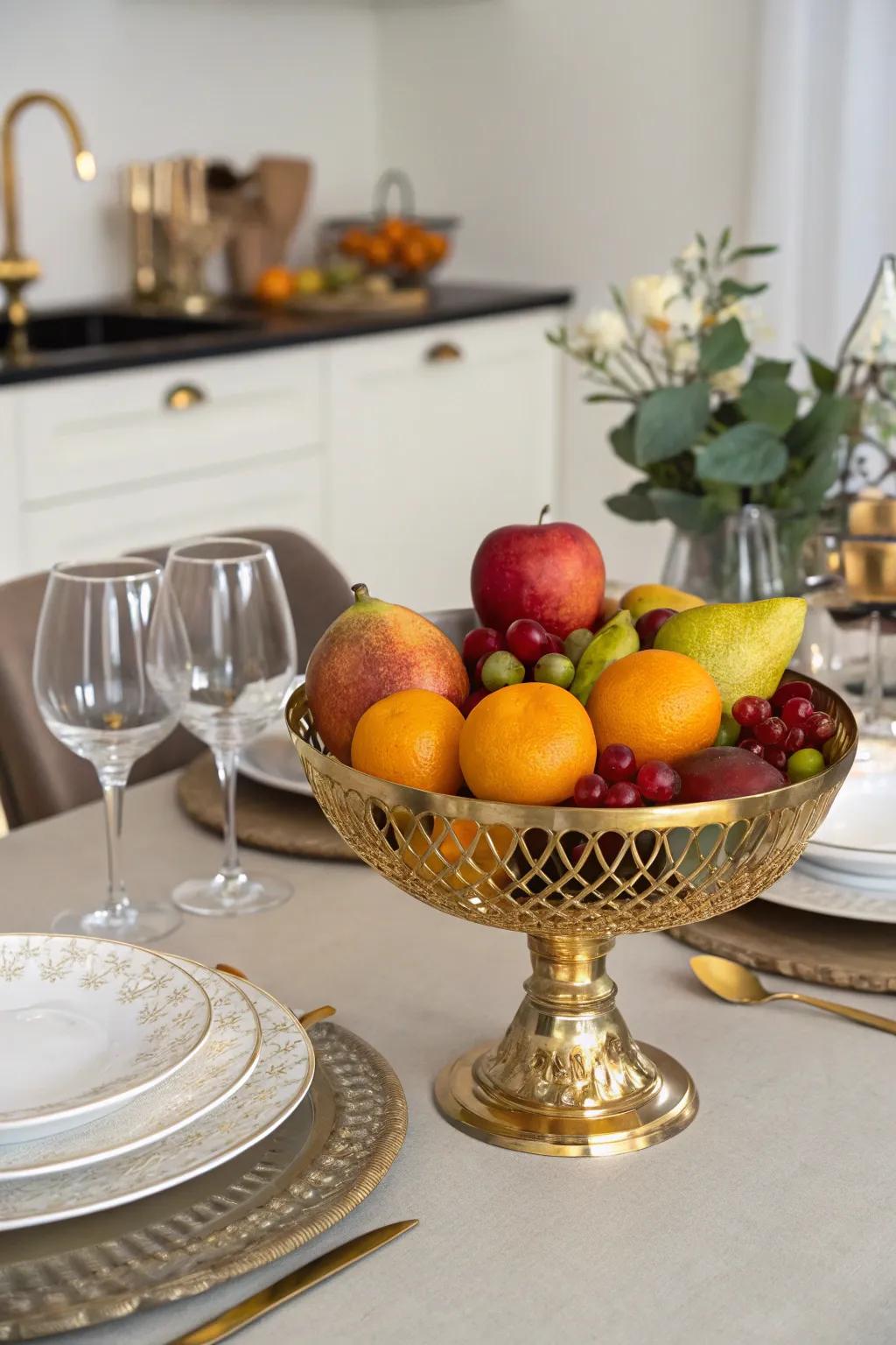 Colorful and fresh gleaming fruit bowl centerpiece.