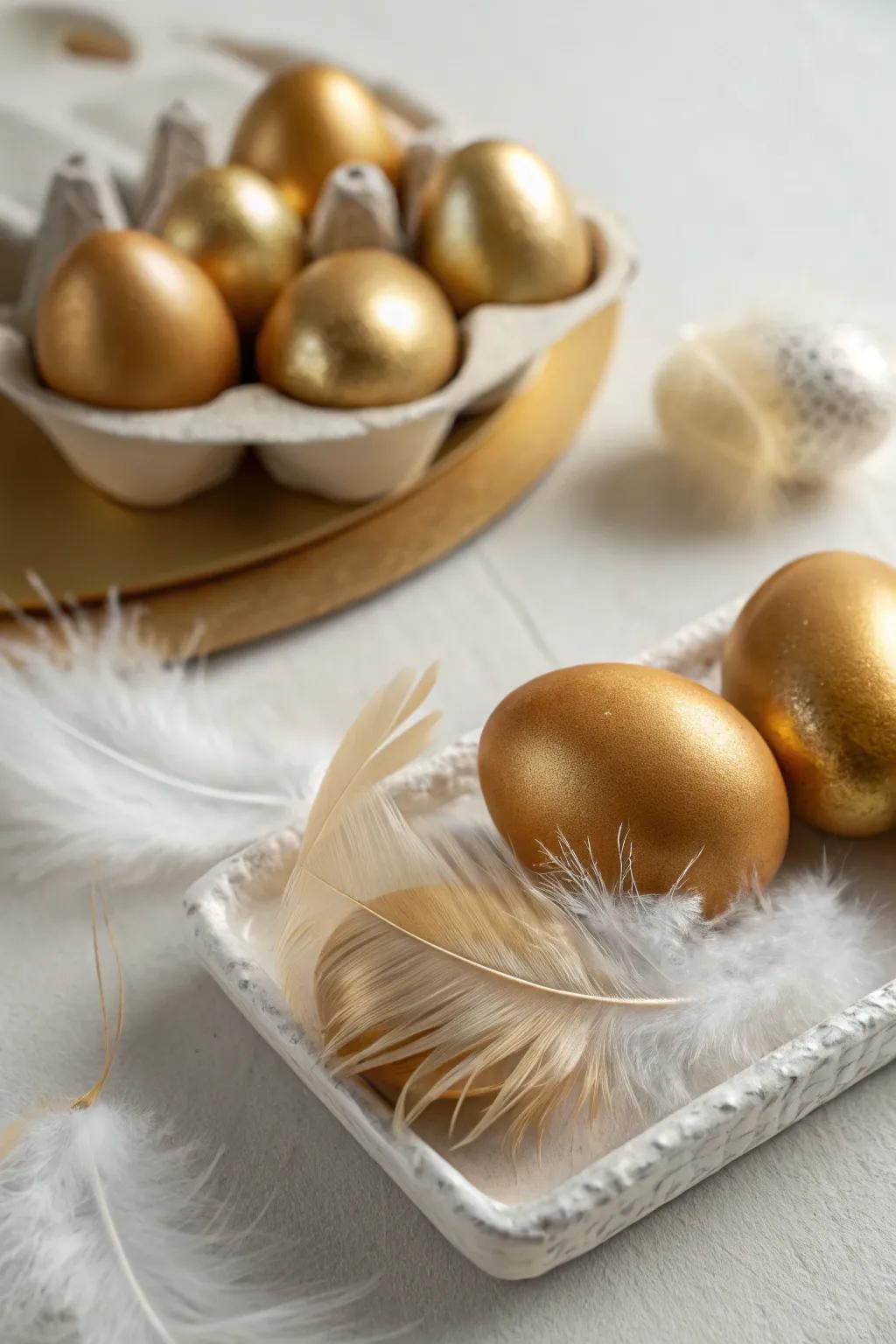 Plumage-adorned gilded eggs cultivate a whimsical, ethereal ambiance.