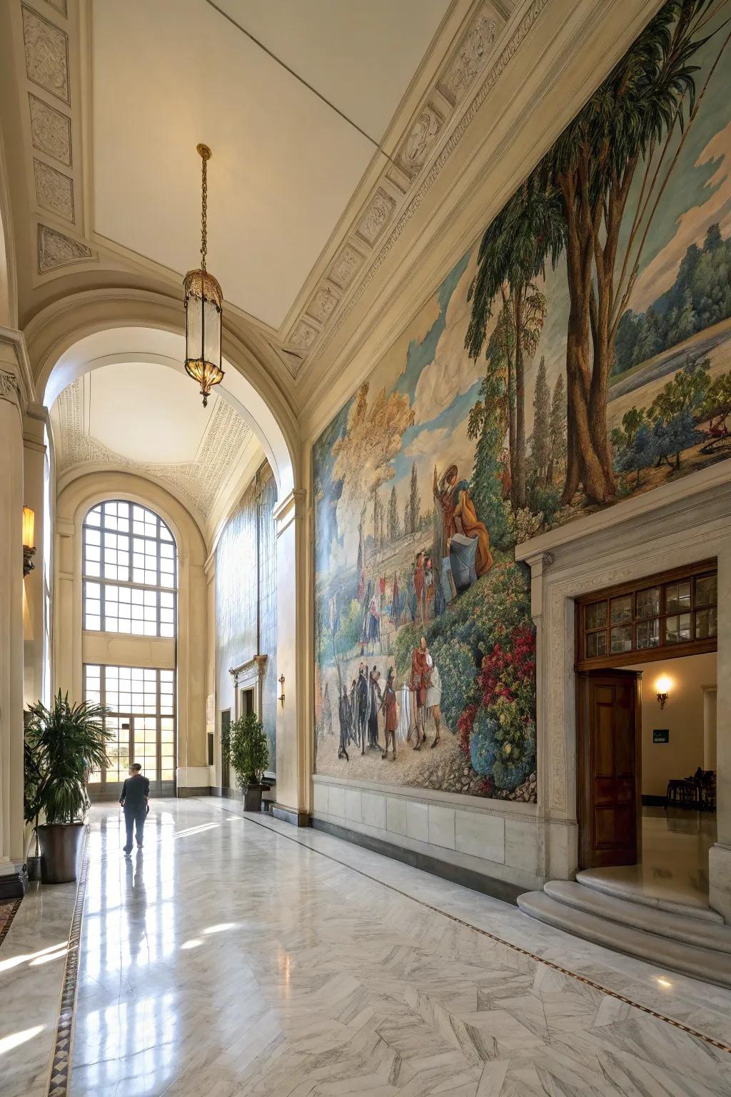 A hand-painted wall art introduces a personal and artistic touch to an impressive entryway.