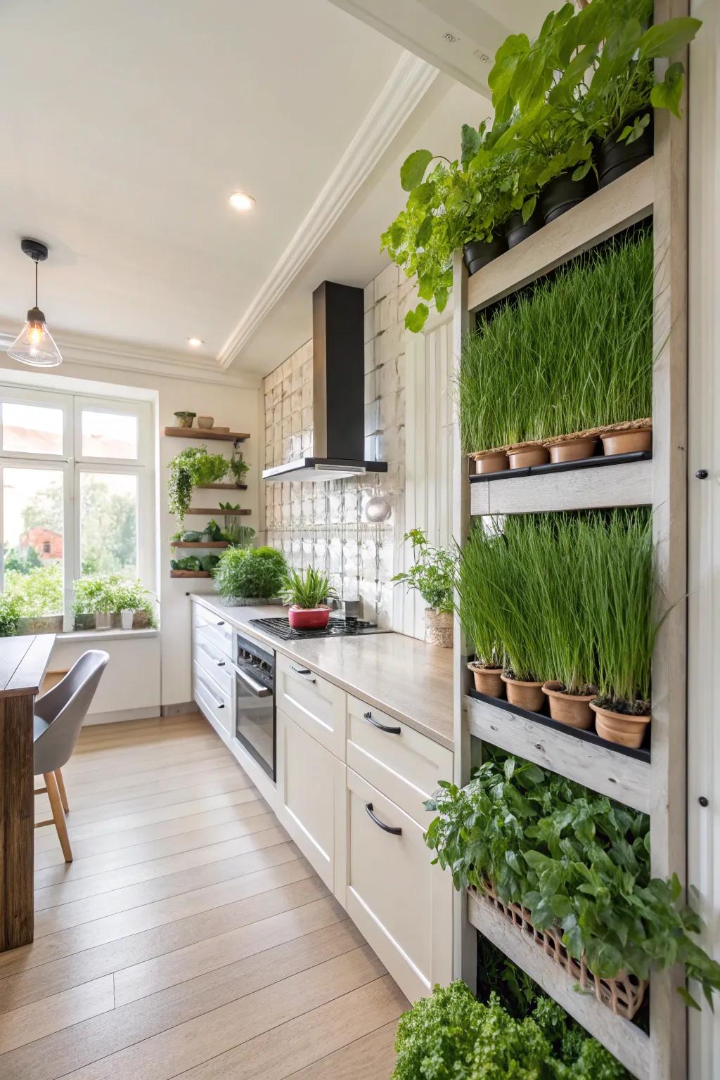 A verdant partition doubles as a perpendicular herb garden in the culinary space, furnishing recent ingredients.