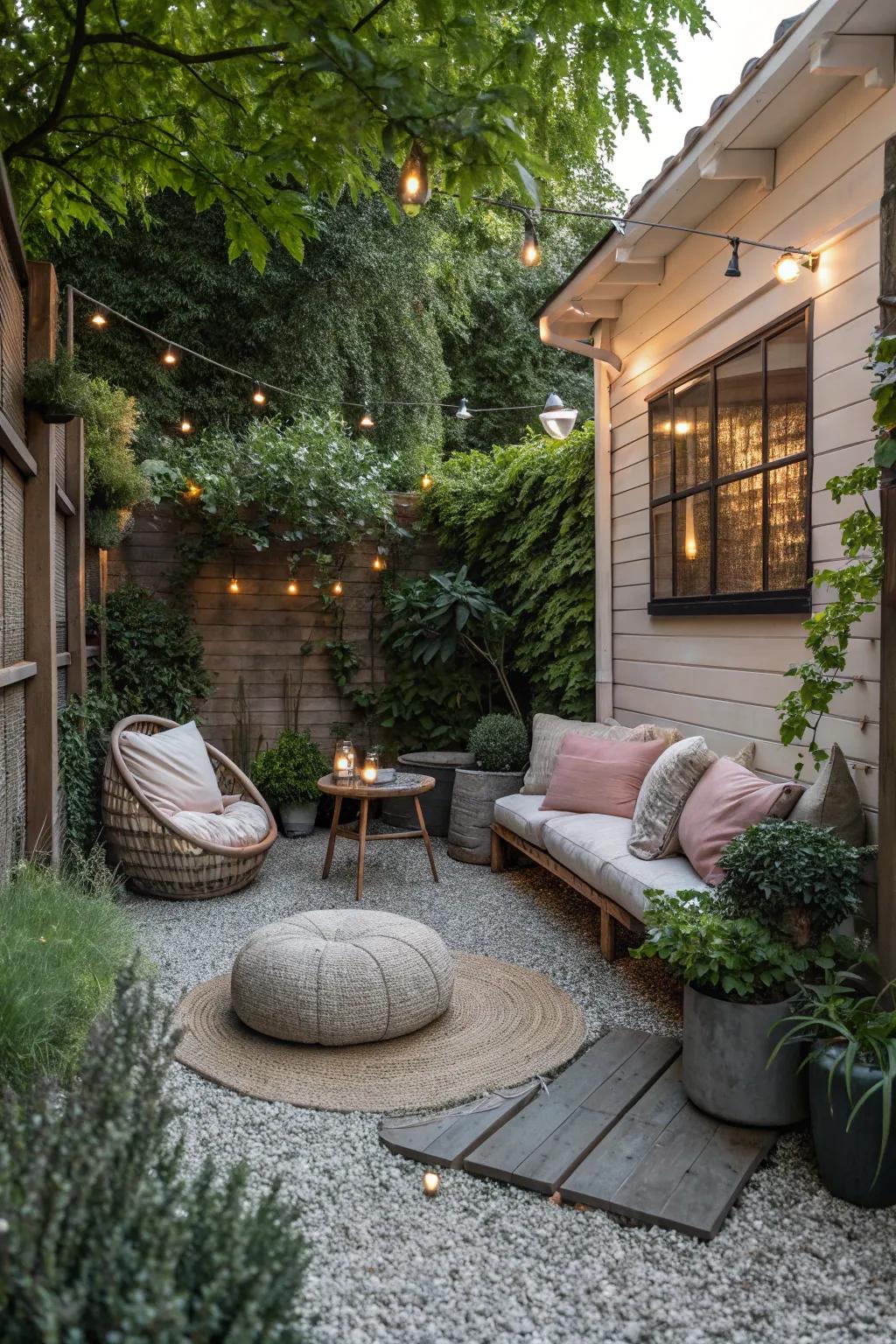 A serene nook with chippings flooring, perfect for relaxation.