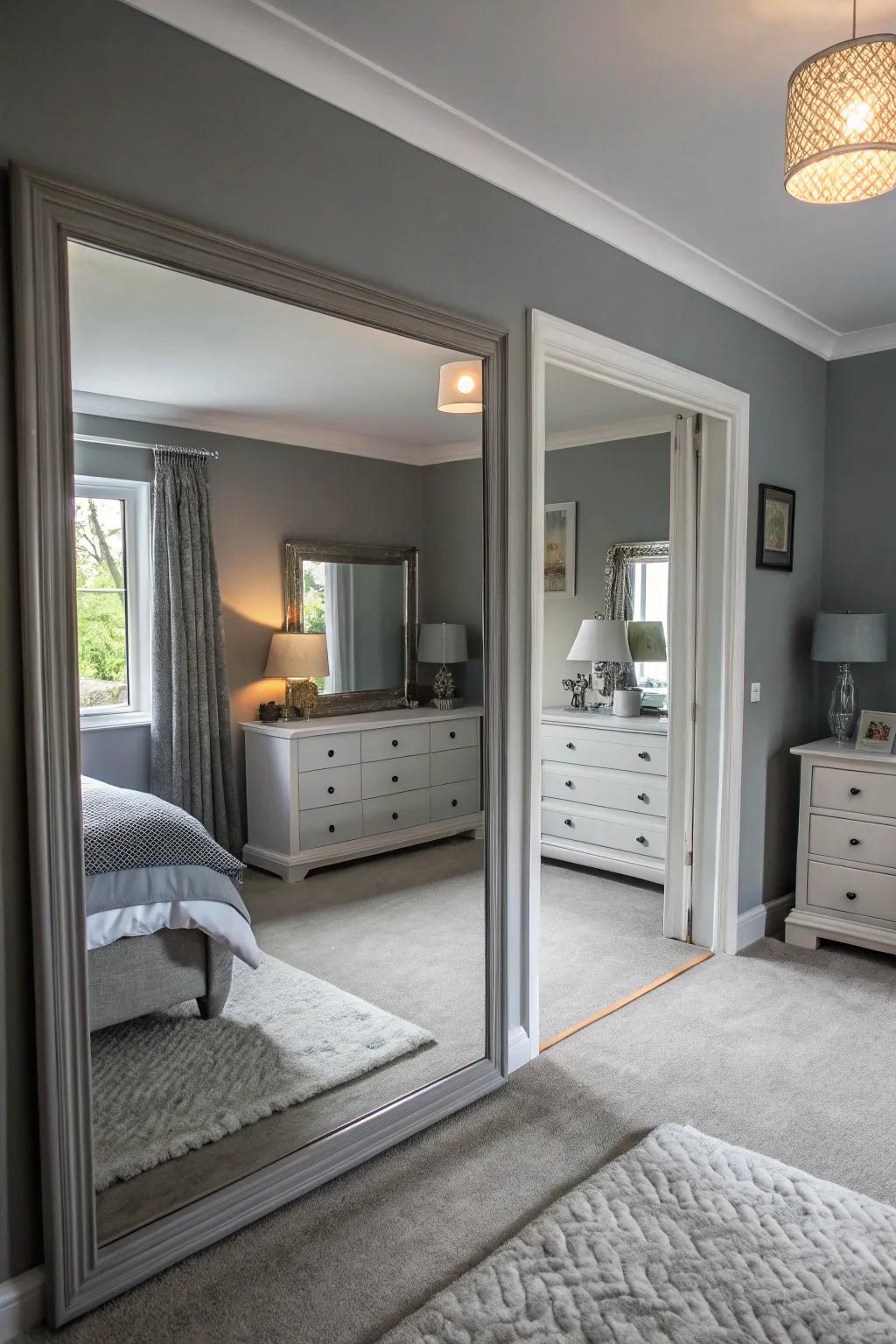 Mirrors amplifying light and space in a gray-themed haven.