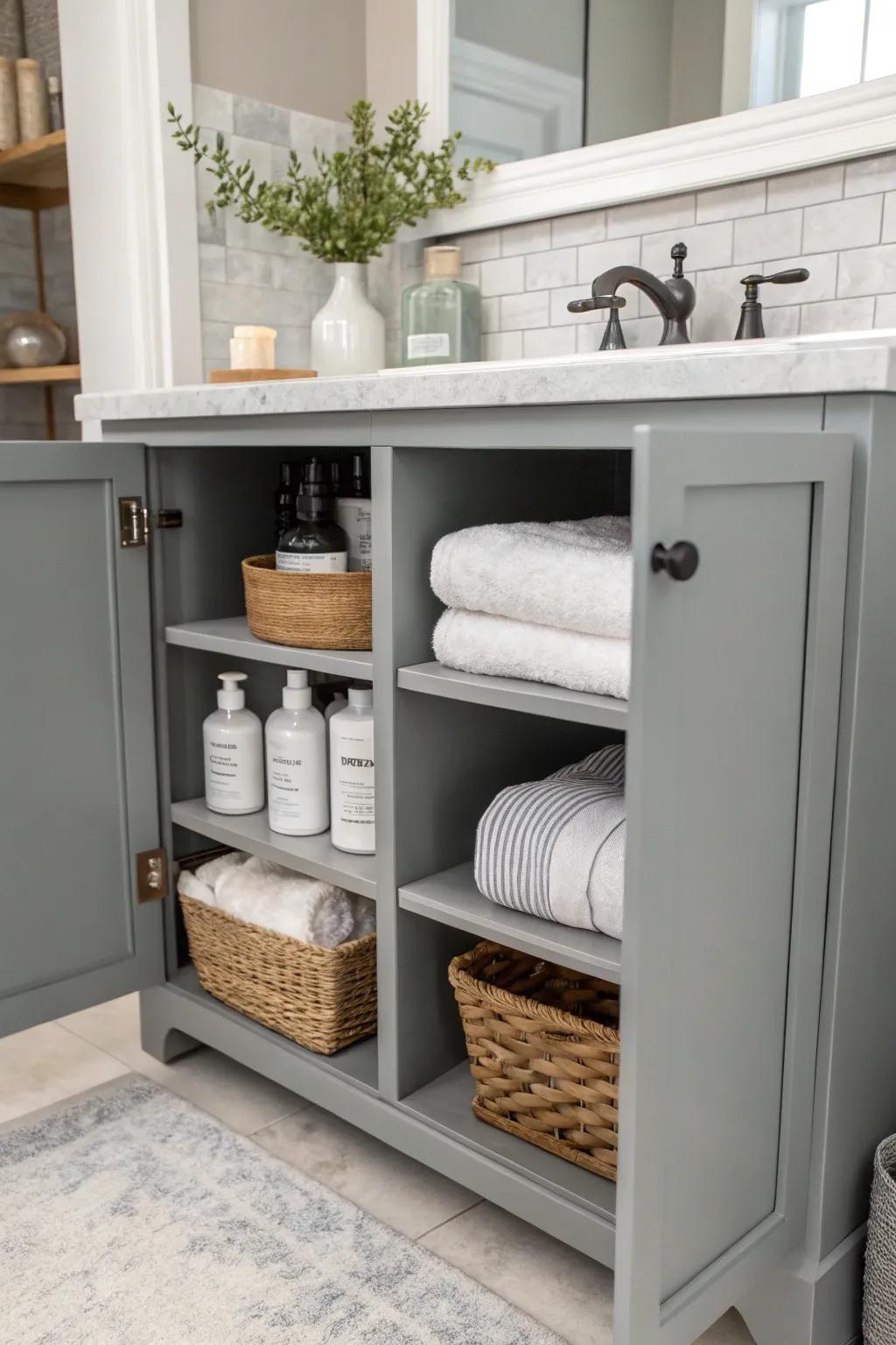 A practical bathroom design features a gray vanity with open shelving.
