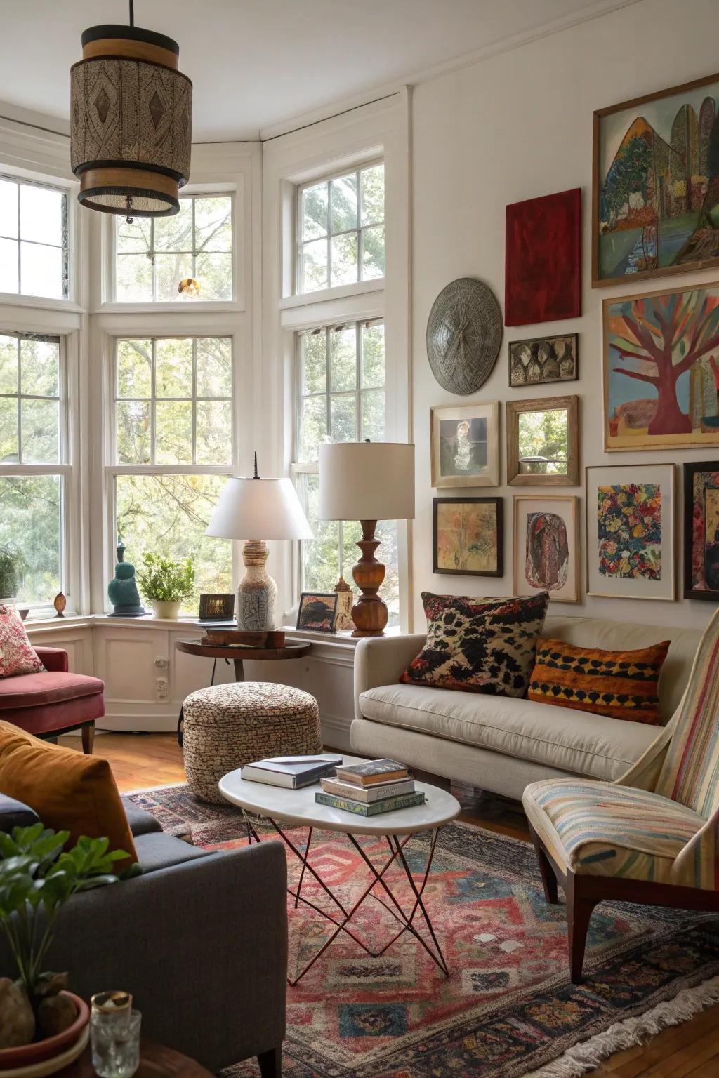 A mix of window shapes composes a visually compelling and artistic living room.