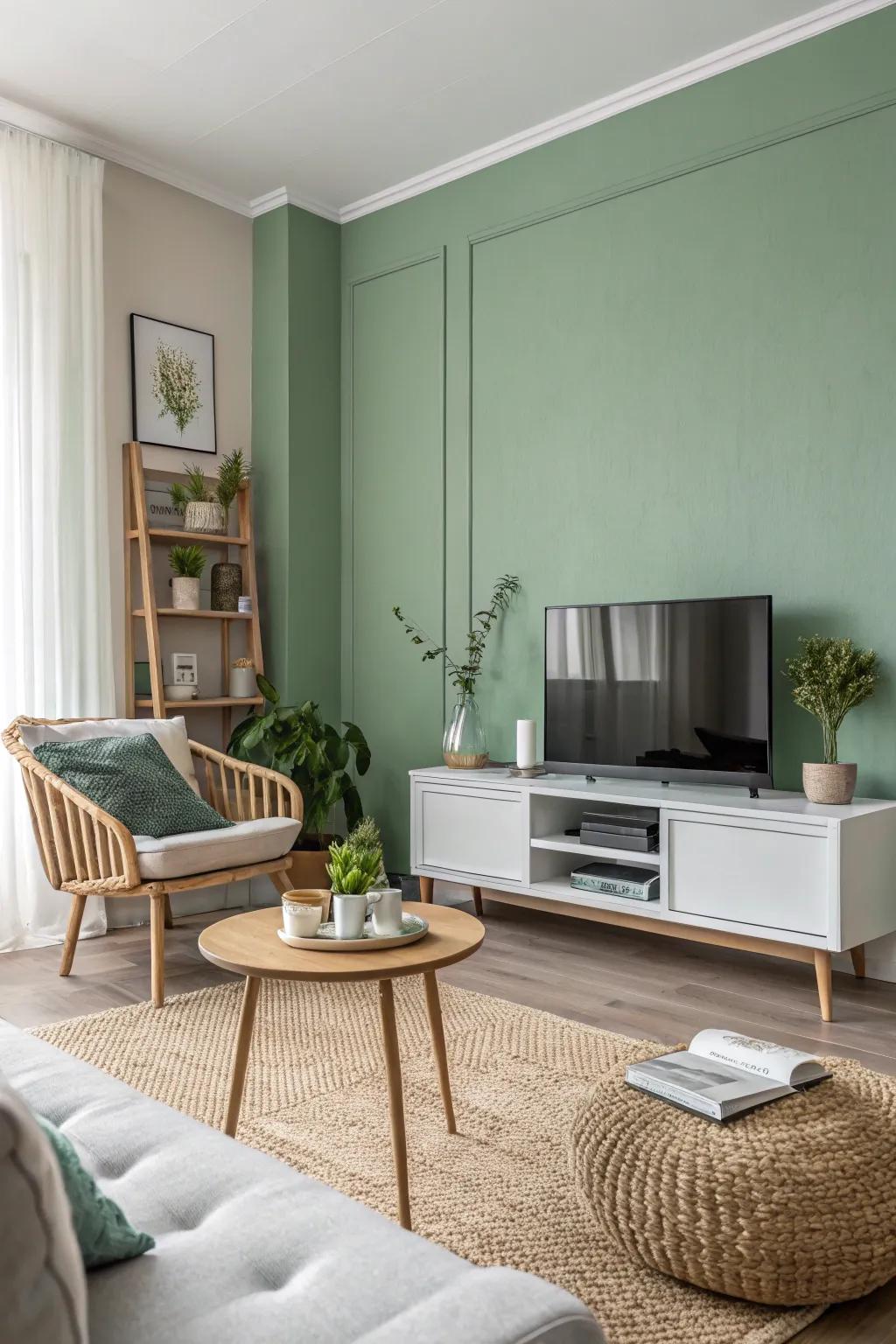 A subtle green wall introduces delicate elegance to this understated space.