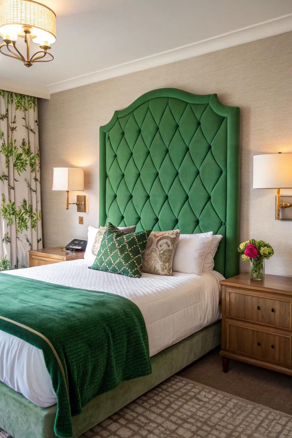 A statement headboard provides a center point with bold design.
