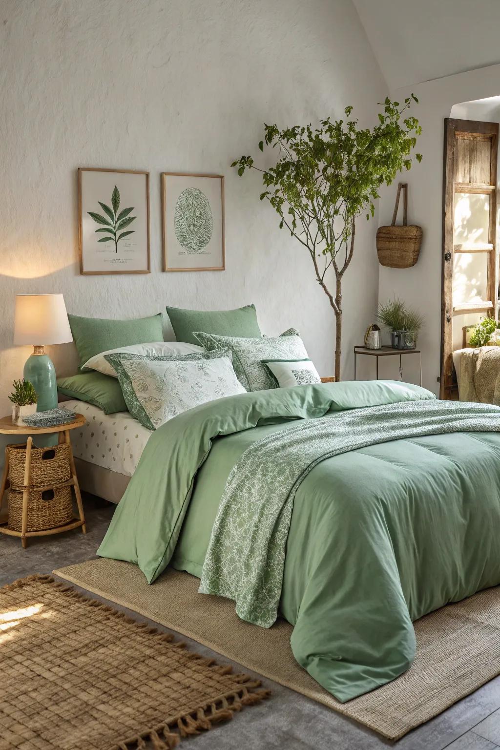 Green bedding fosters a tranquil and restful atmosphere in this serene bedroom.