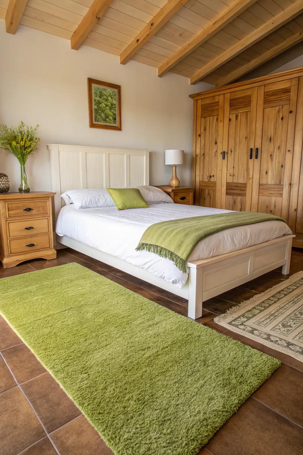 A green rug anchors the space and gives the floor more warmth.