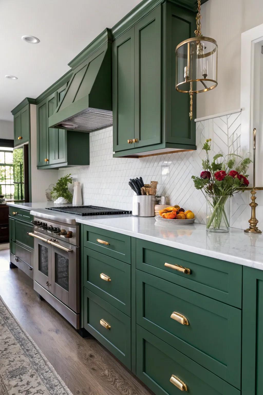 Timeless kitchen featuring ranger green cabinets and period touches.