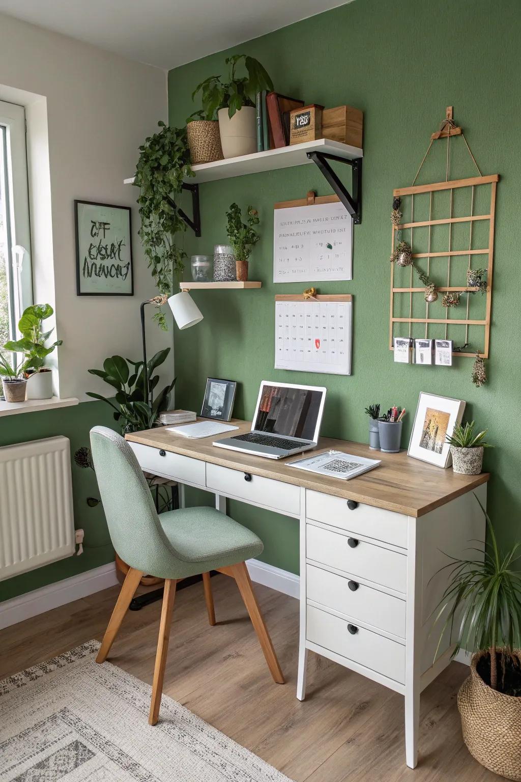 Green elements in work areas improve focus and power.