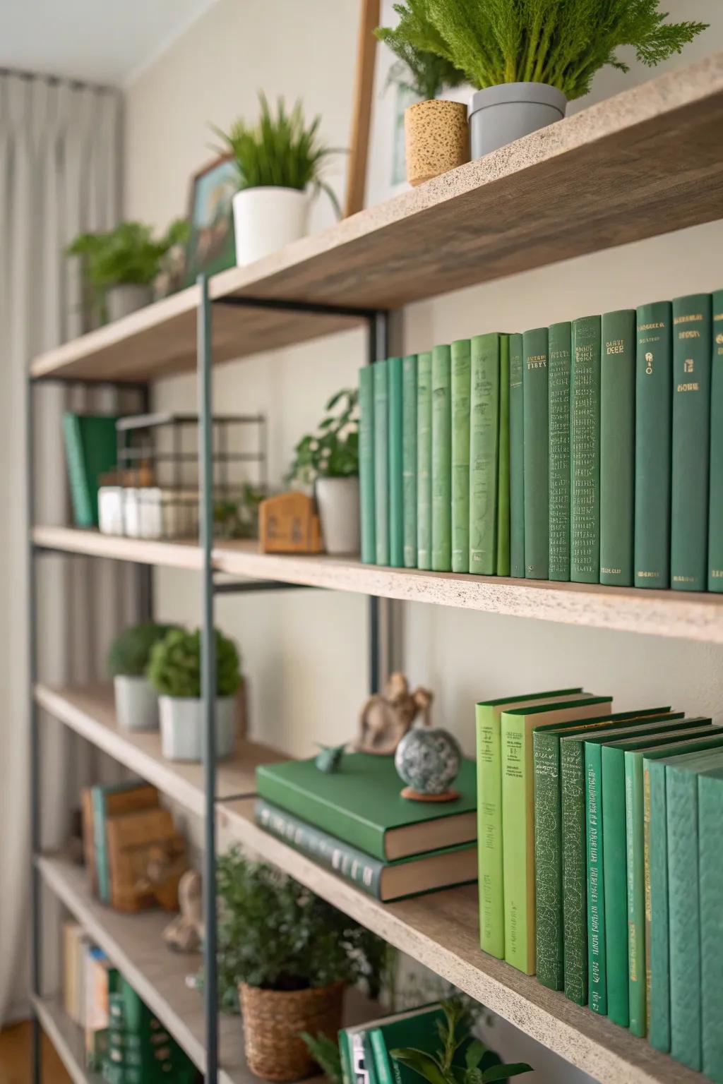 Shelves styled with emerald motifs.