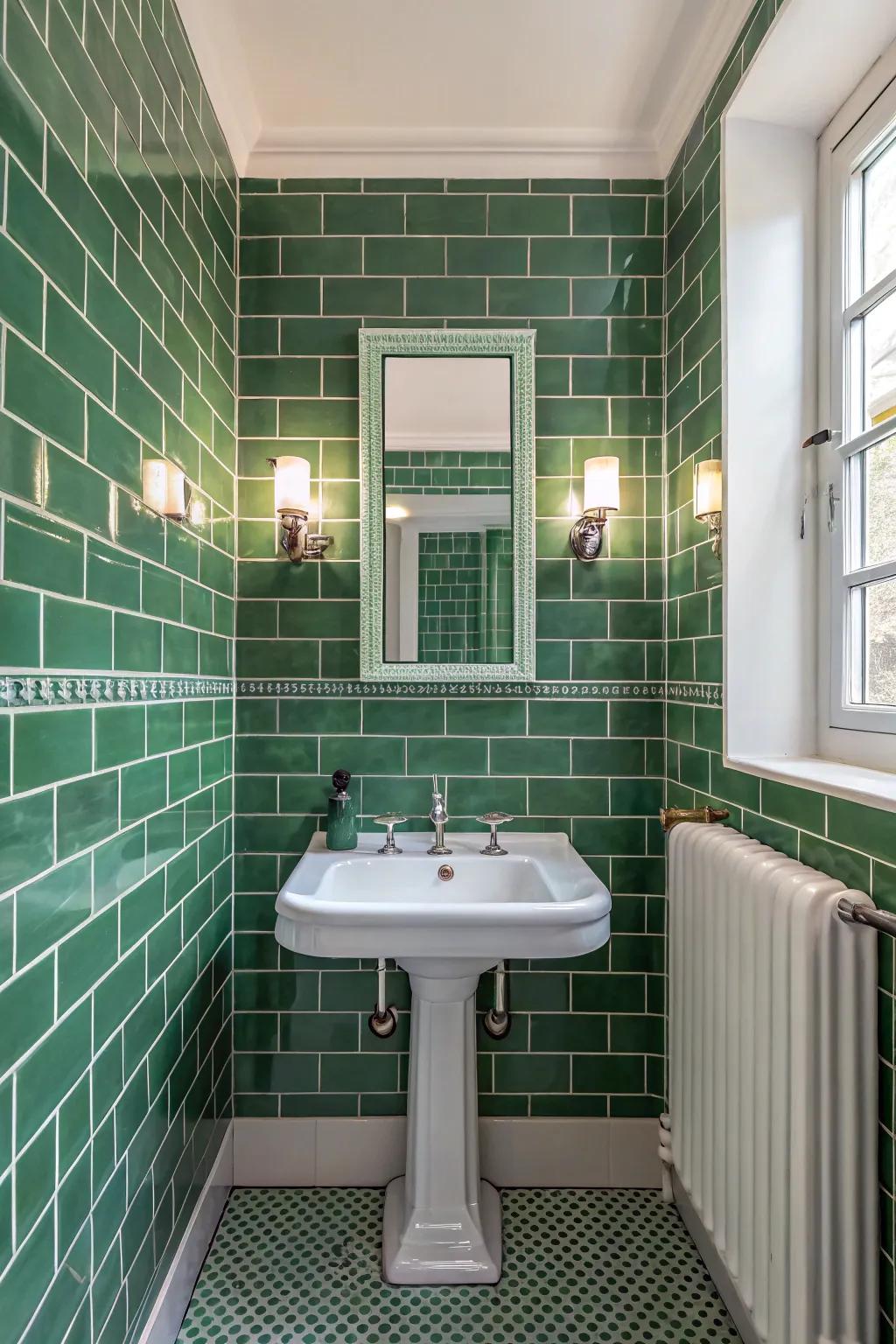 Green subway tiles offer timeless versatility.