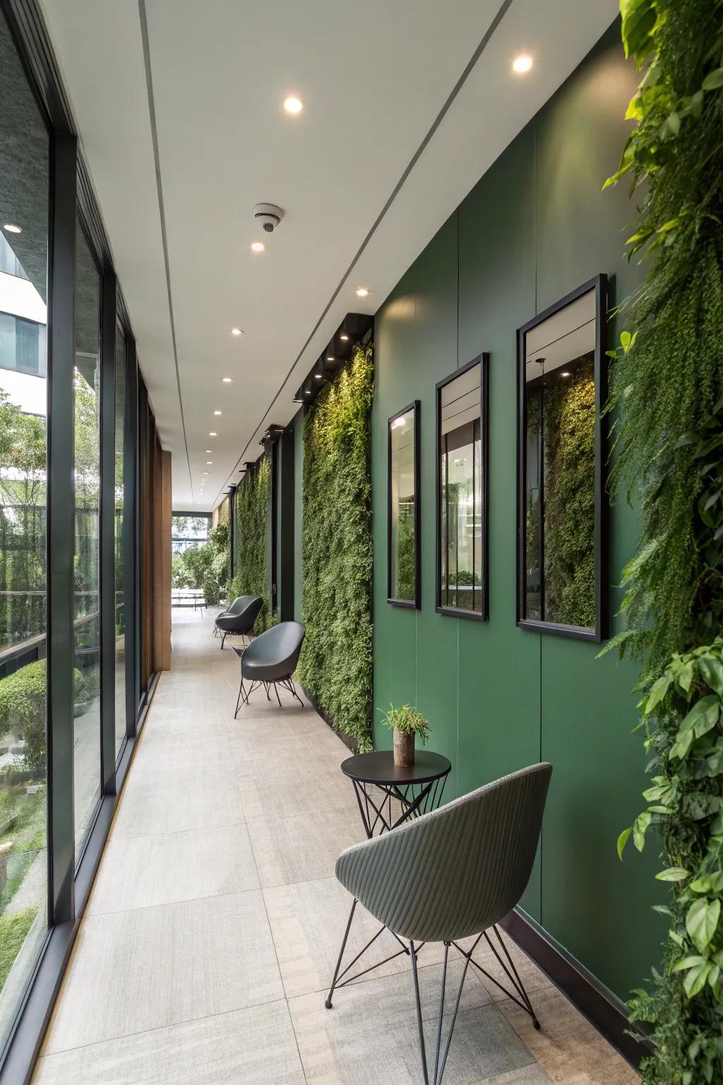Mirrors enhance the allure of a green wall in a stylish hallway.