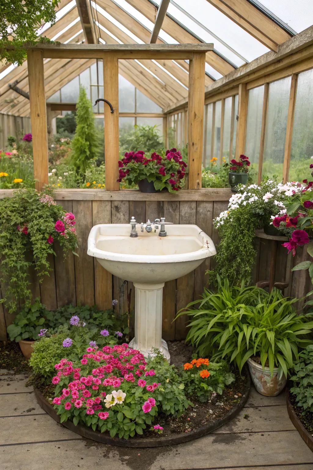 A whimsical flower sink adds color and charm to a greenhouse.