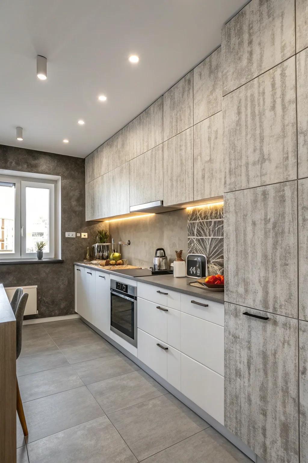 Textured wall sections imparting dimension to the kitchen