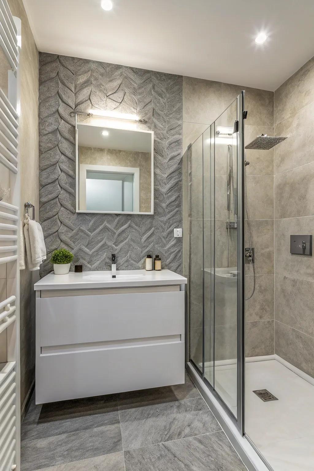 A textured grey accent wall adds depth and interest.