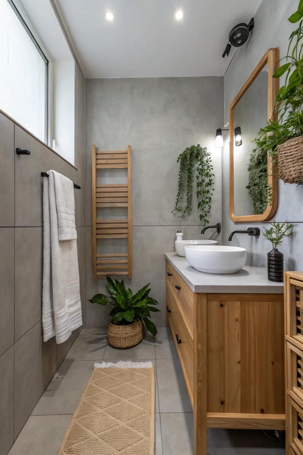 Cloudy grey walls offer a chic and simple backdrop in this minimalist bathroom.