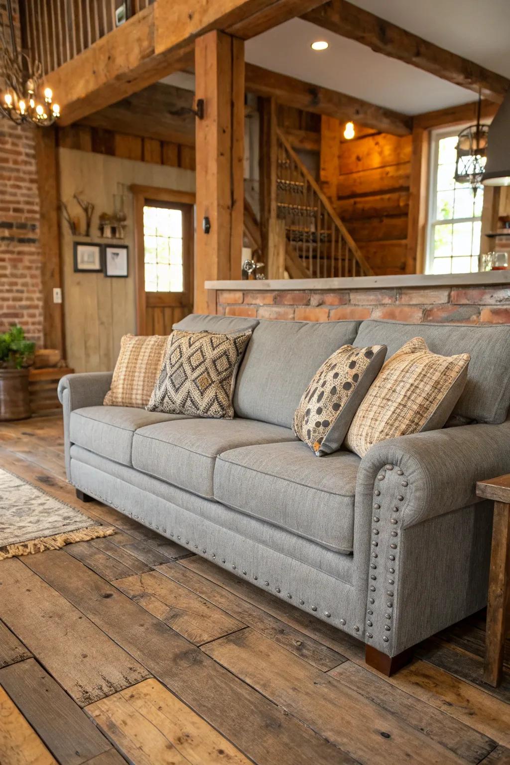 Earthy details add charm to a grey couch setting.