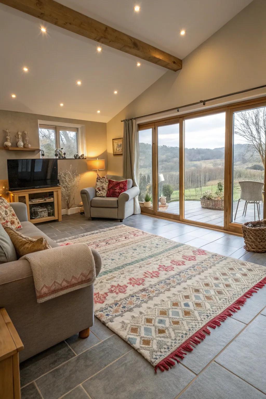 Rugs help define spaces on grey flooring.
