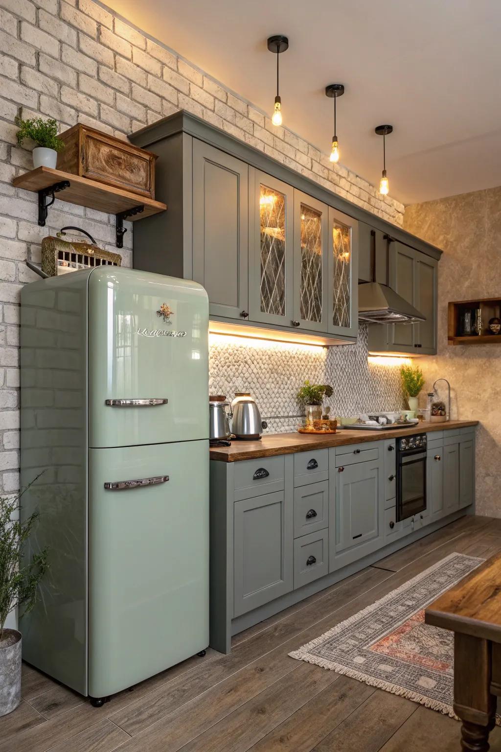 Retro appliances add a touch of vintage charm to grey-green cabinets.