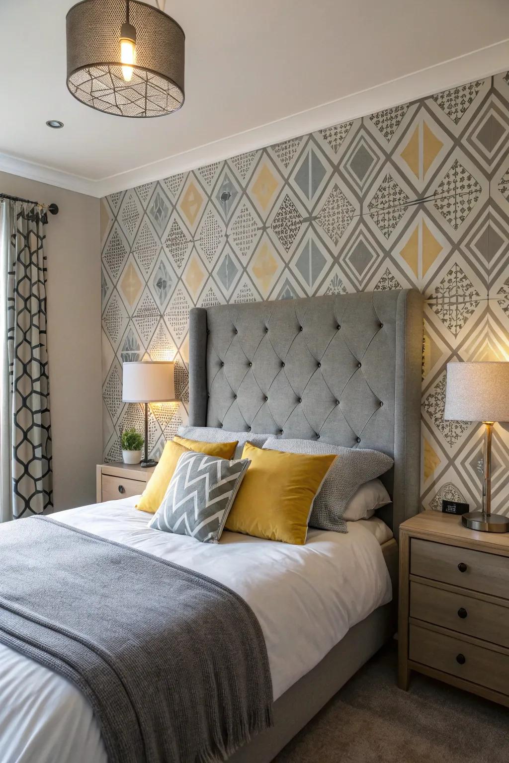 Geometric art adds a modern touch to a bedroom featuring a grey headboard.