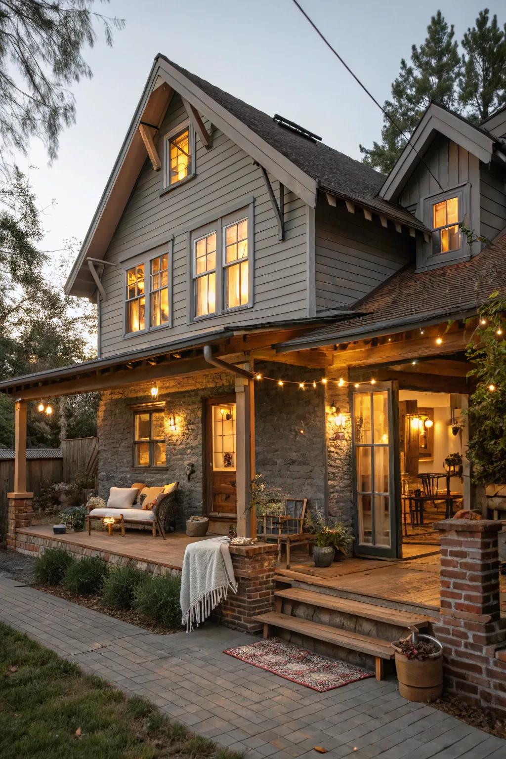 Natural charm with grey and barn-style illumination.
