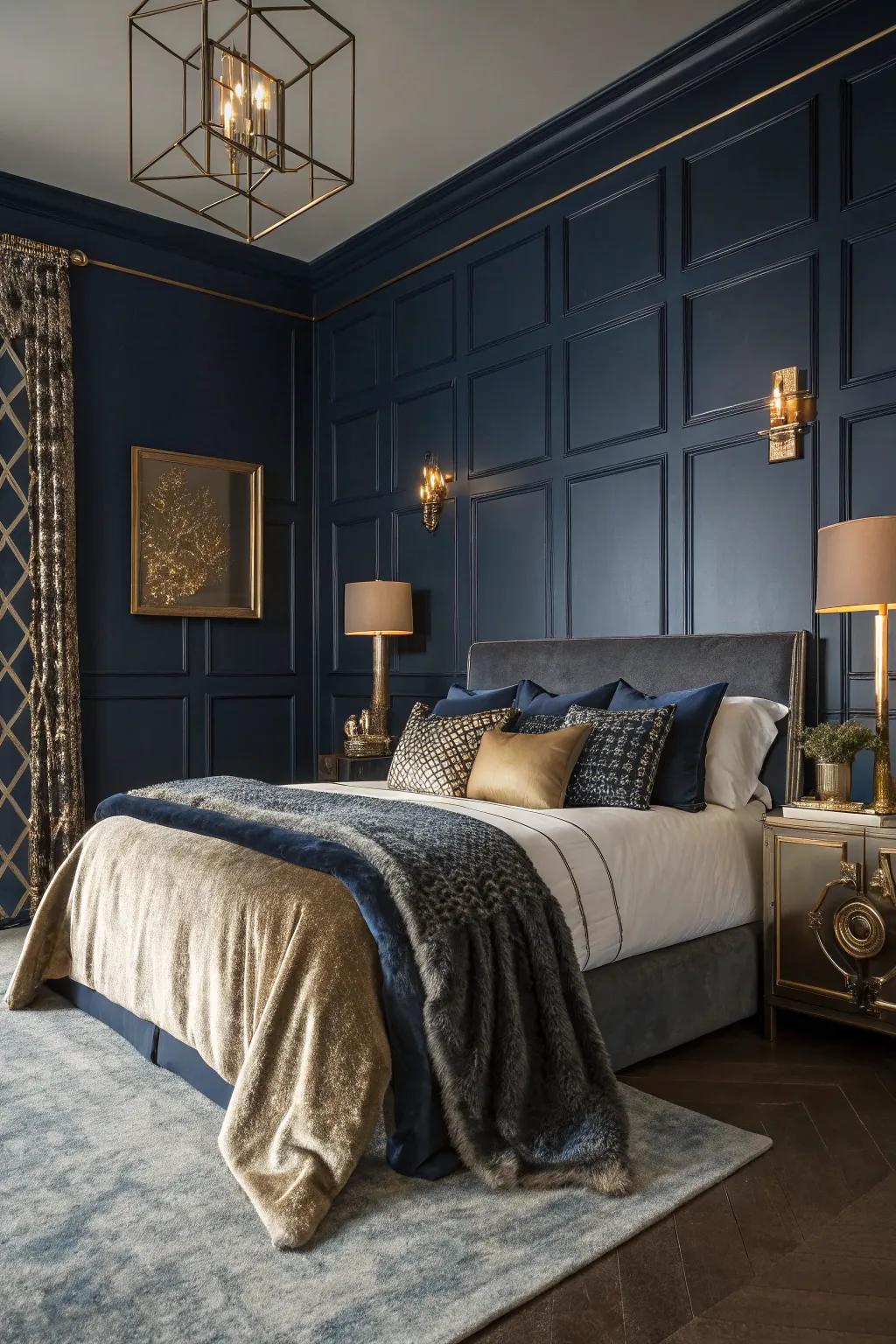 A guest room with deep navy walls for an elegant touch.