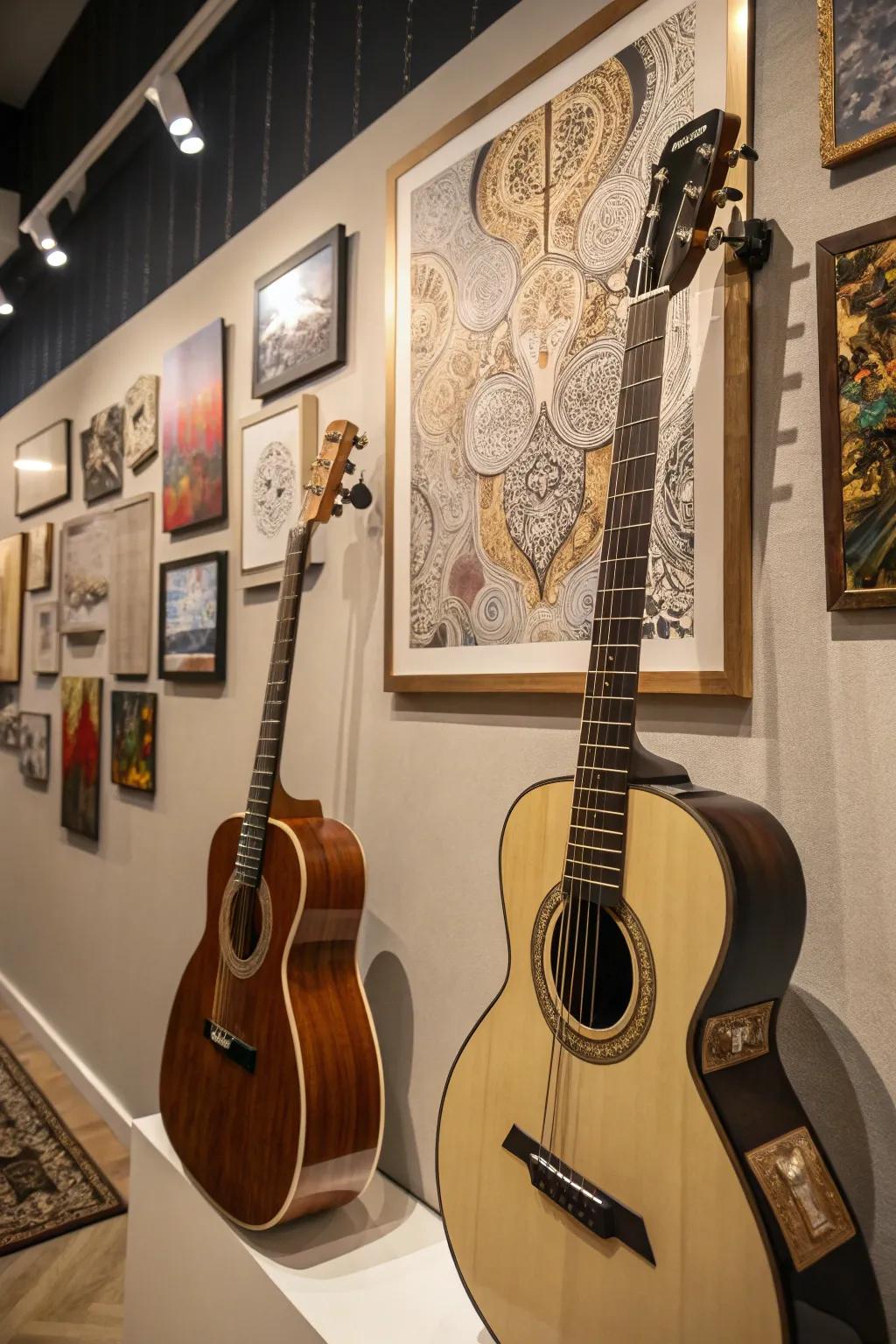 Guitars displayed alongside art pieces for a gallery effect.