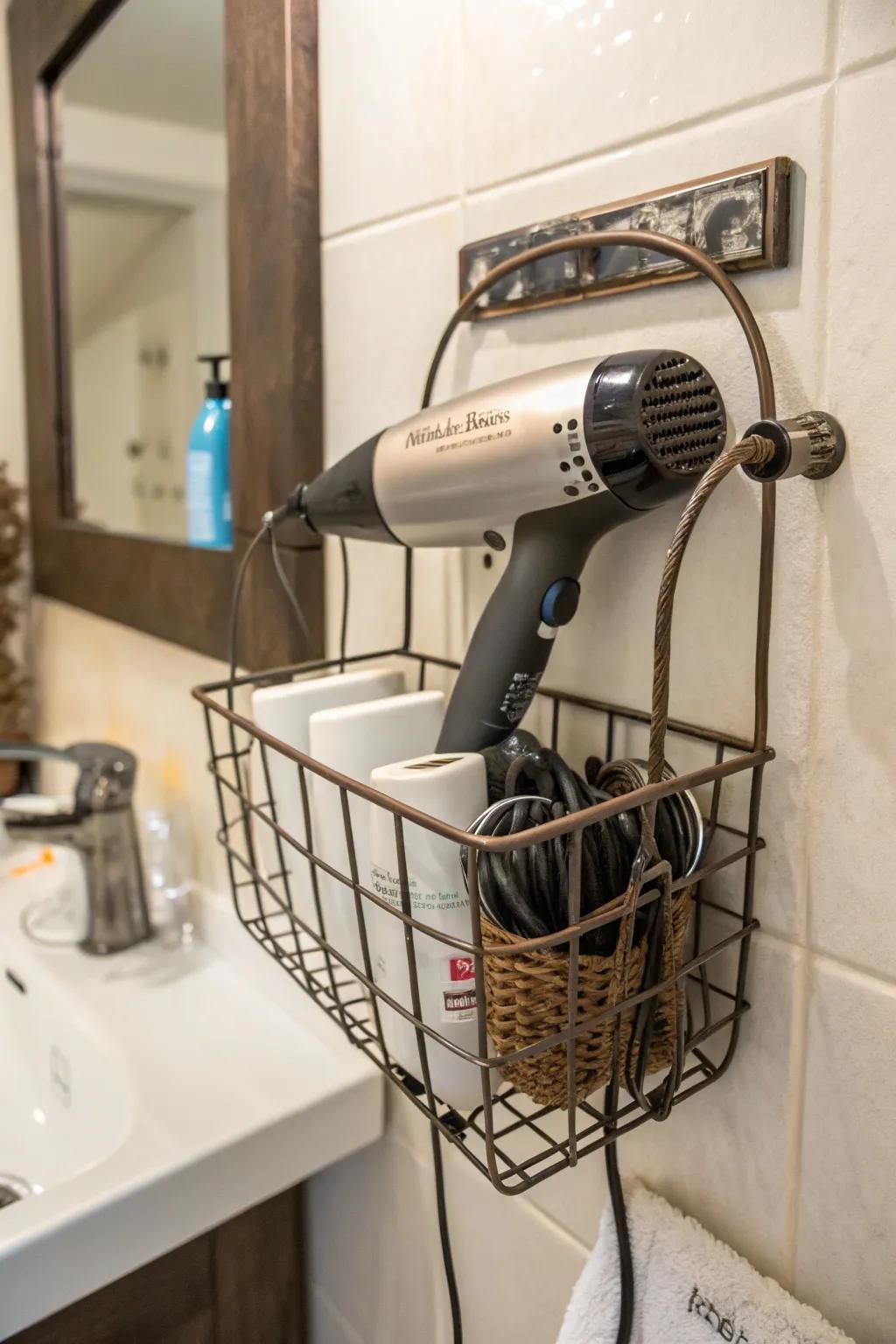 Rustic allure with reimagined garden bins for hair tool storage.