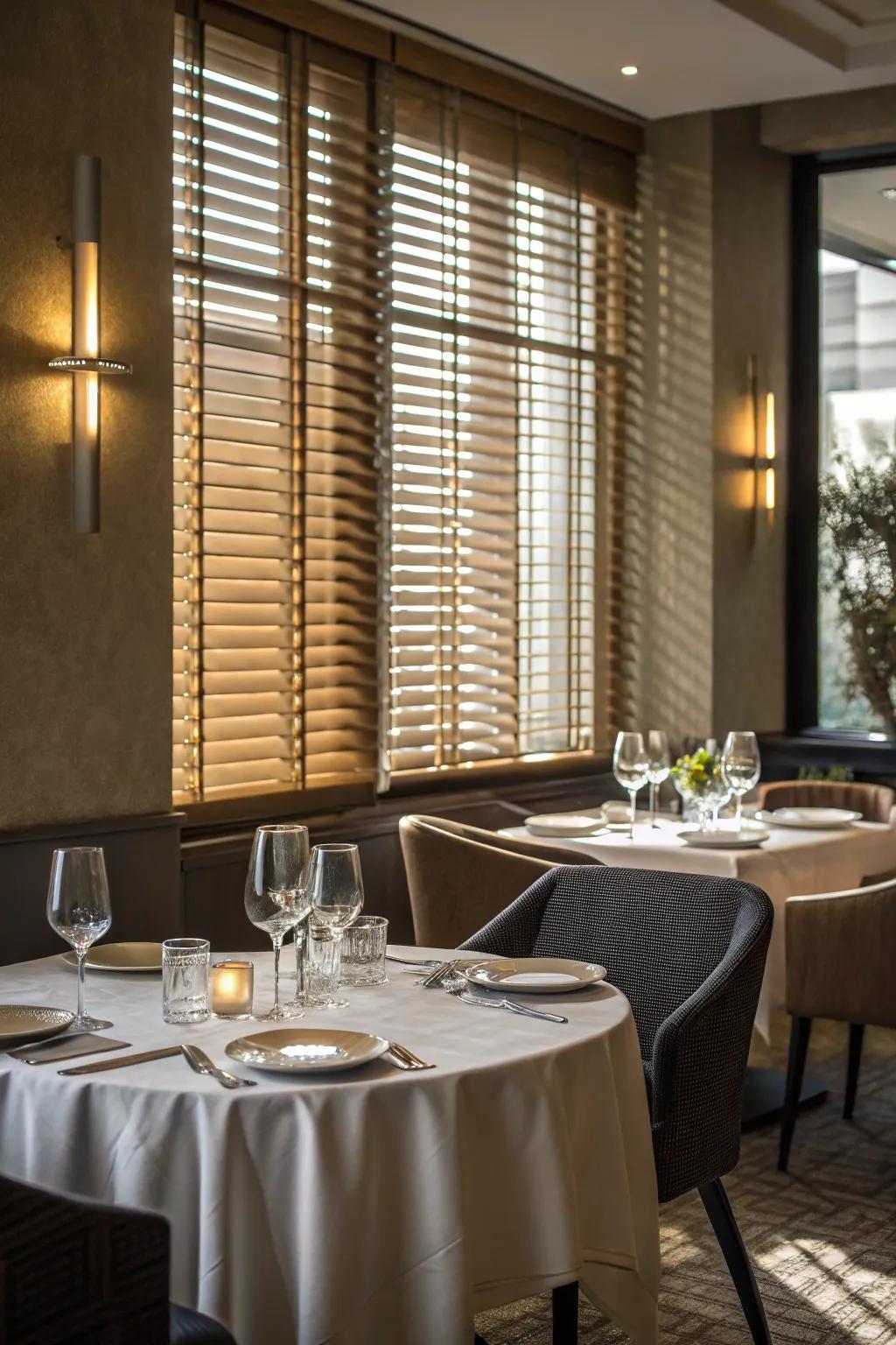 A chic dining room featuring half Venetian window fashions.