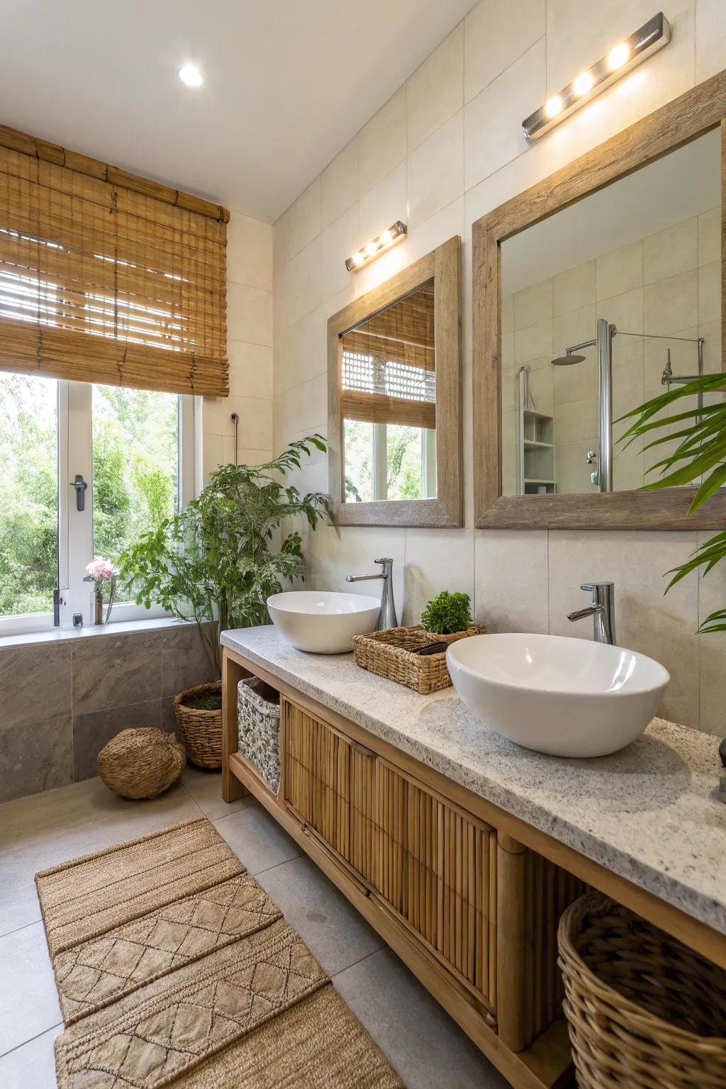 Eco-friendly elements offer sustainability and style in a hall bathroom.