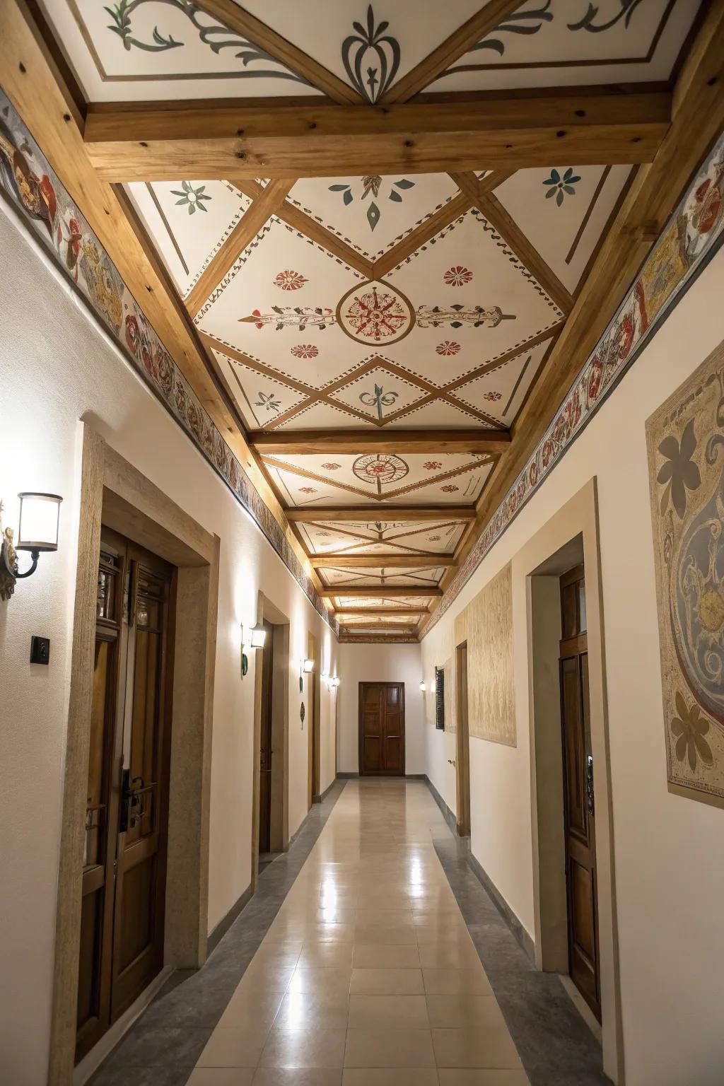 Decorating the ceiling adds a surprise element to your hallway.