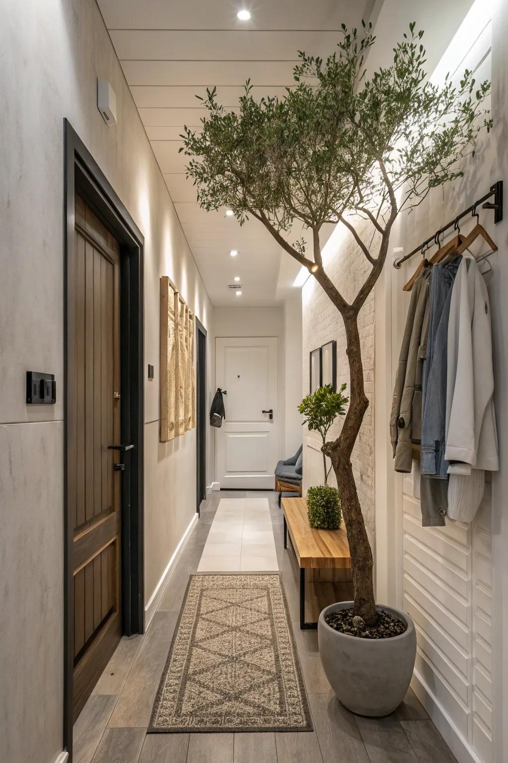 A narrow hall tree is ideal for compact spaces.