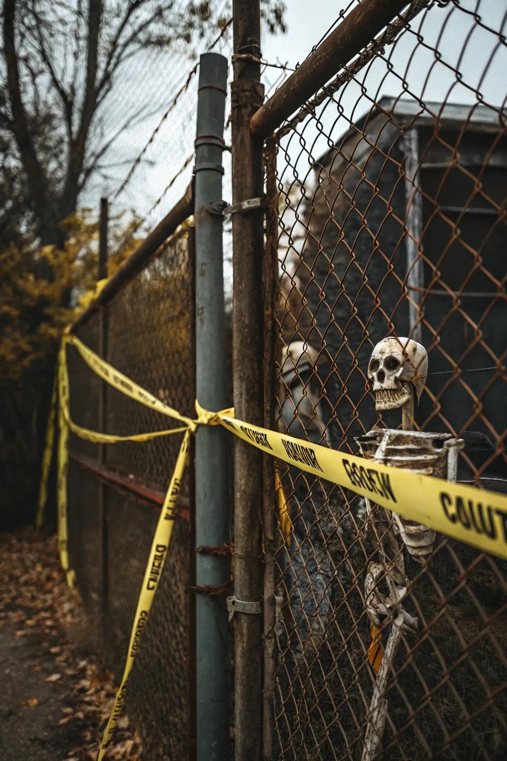 A frightening fence decked out with warning ribbon and skeletons.