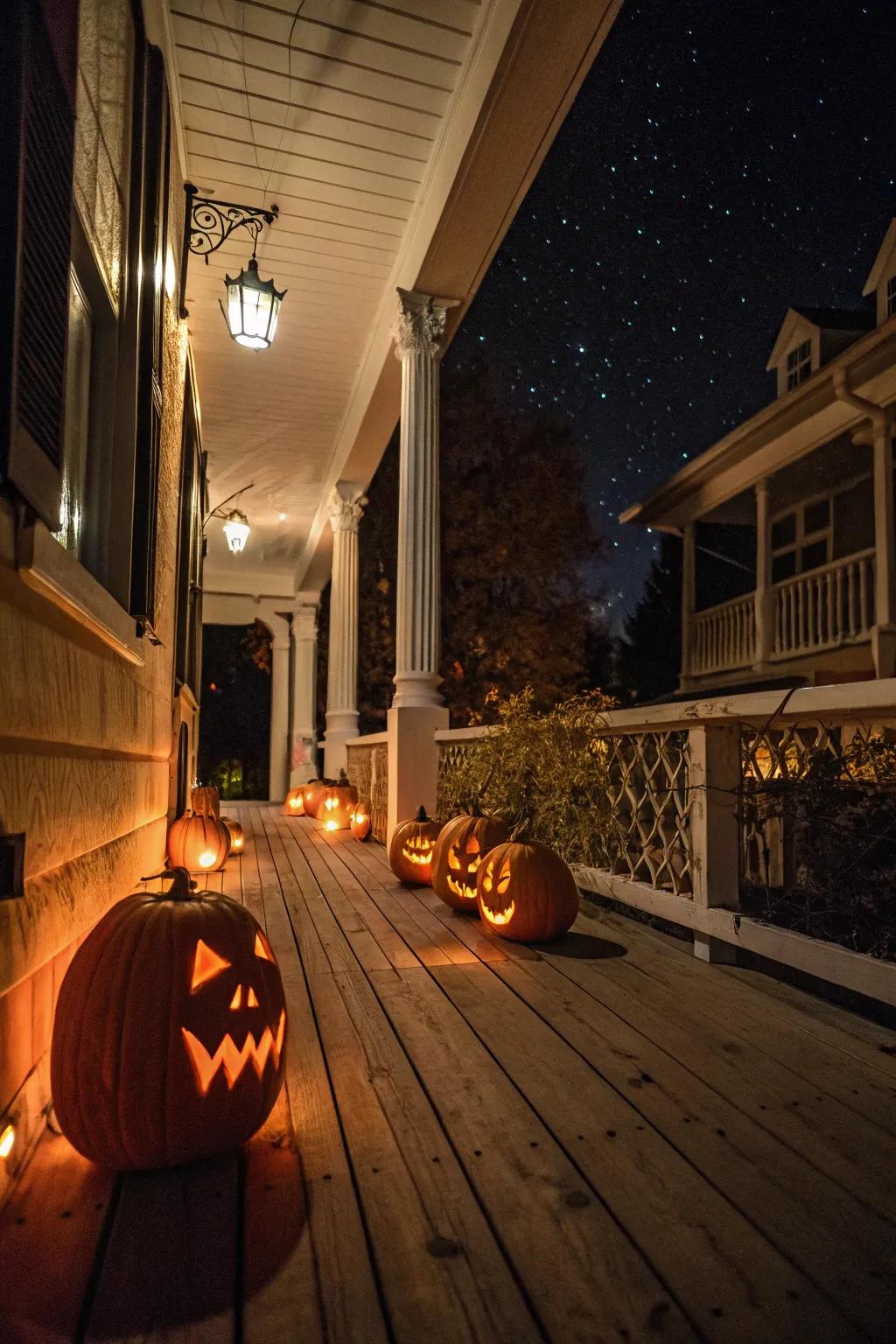 Sculpted gourd lanterns infuse a timeless All Hallows’ Eve nuance.