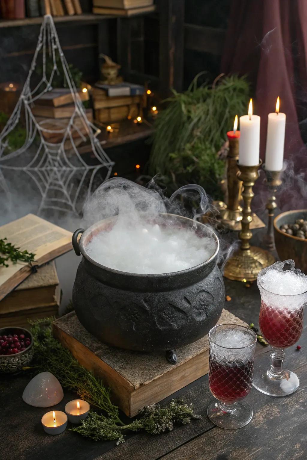 A bubbling cauldron adds a theatrical touch to party refreshments