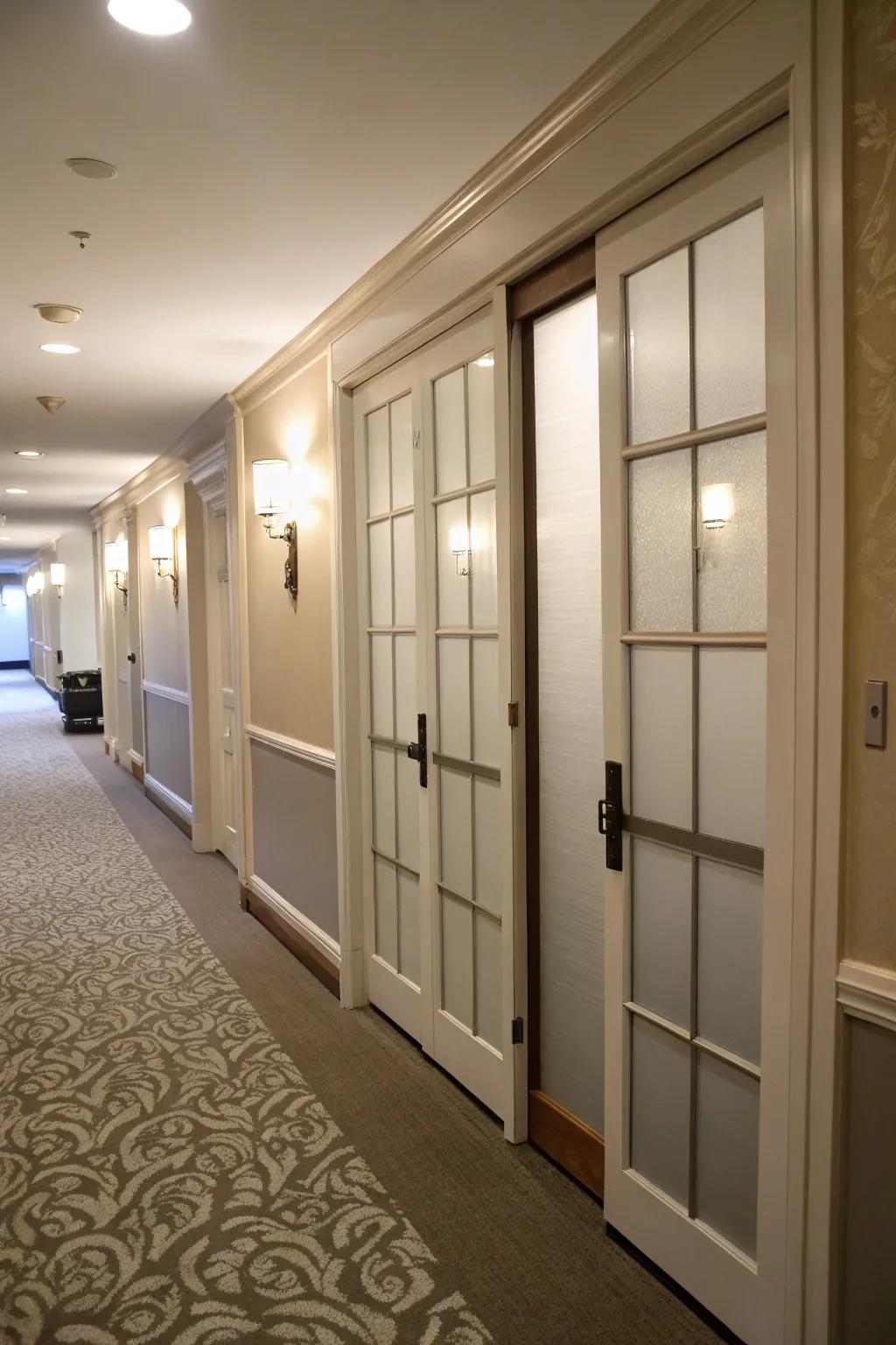 Maintain privacy with stylish etched glass cupboard doors.