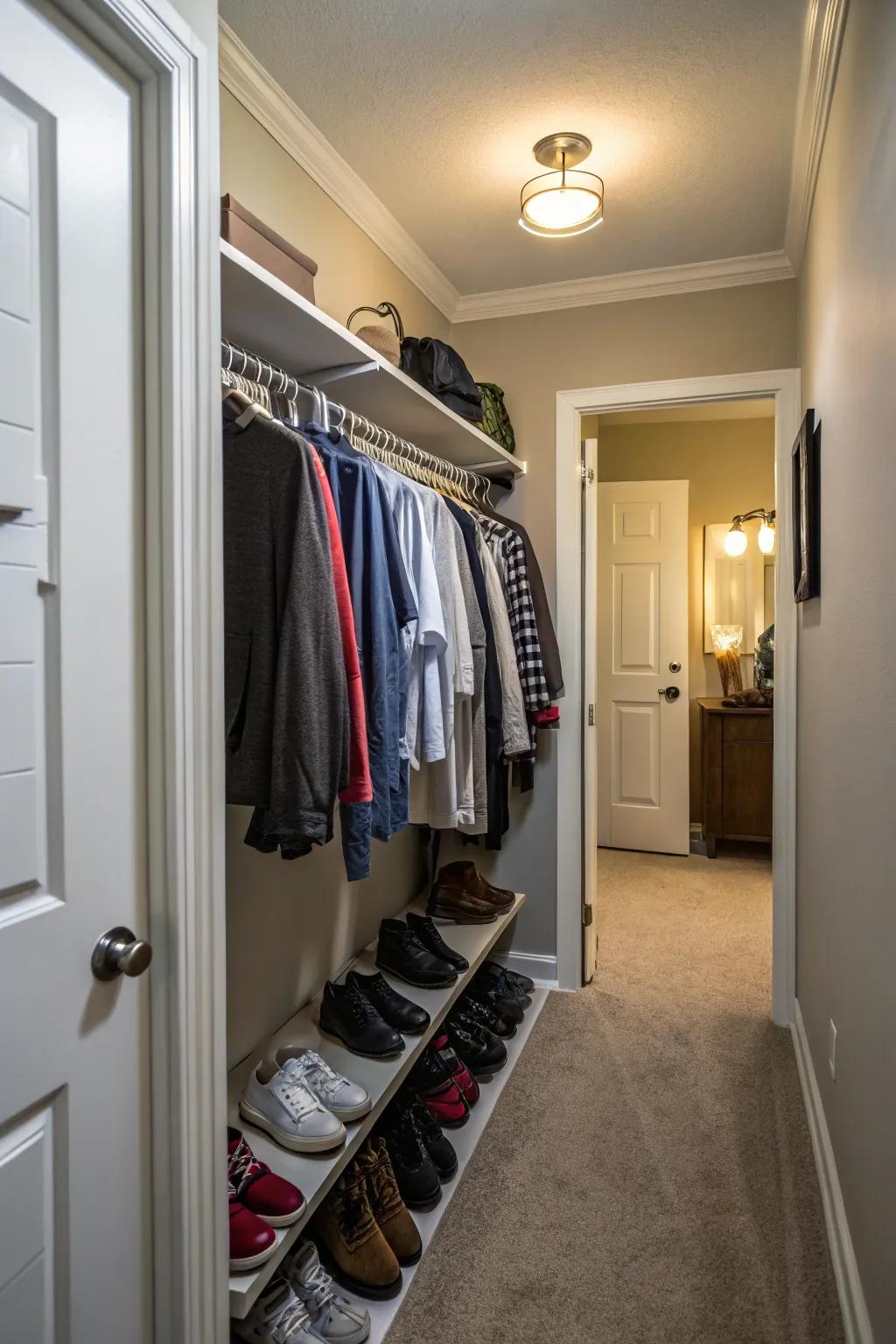 A pull-down bar in a hallway closet for maximizing hanging area.