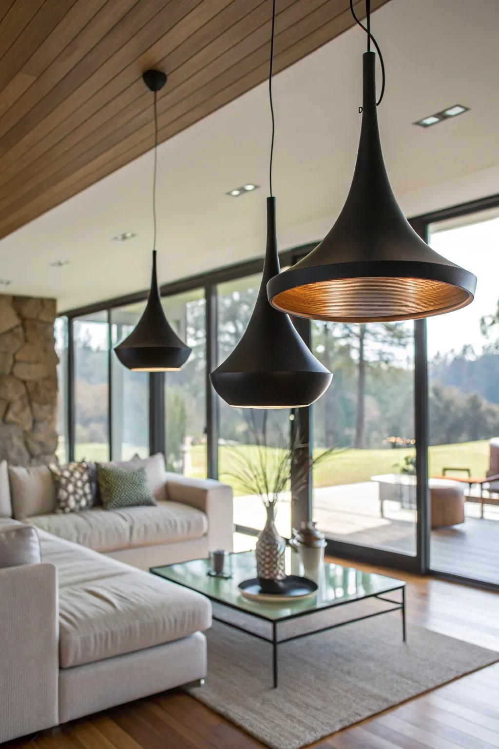 Sculptural lights incorporate a dramatic artistic flair.