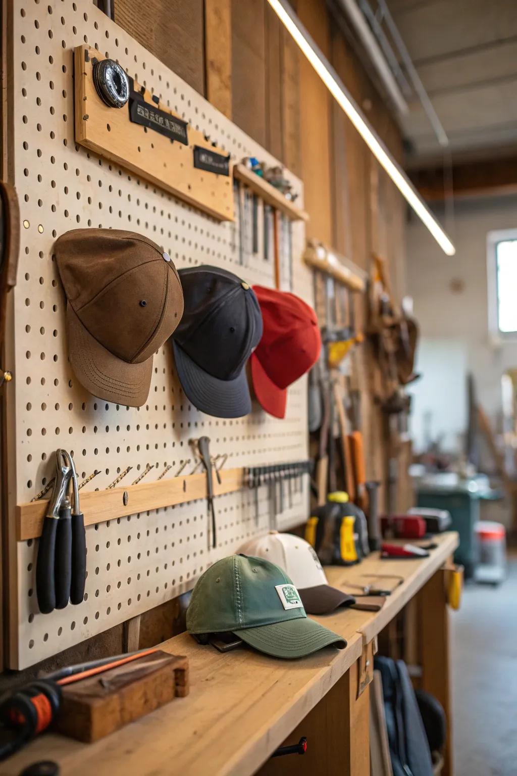 Hats on pegboard wall.