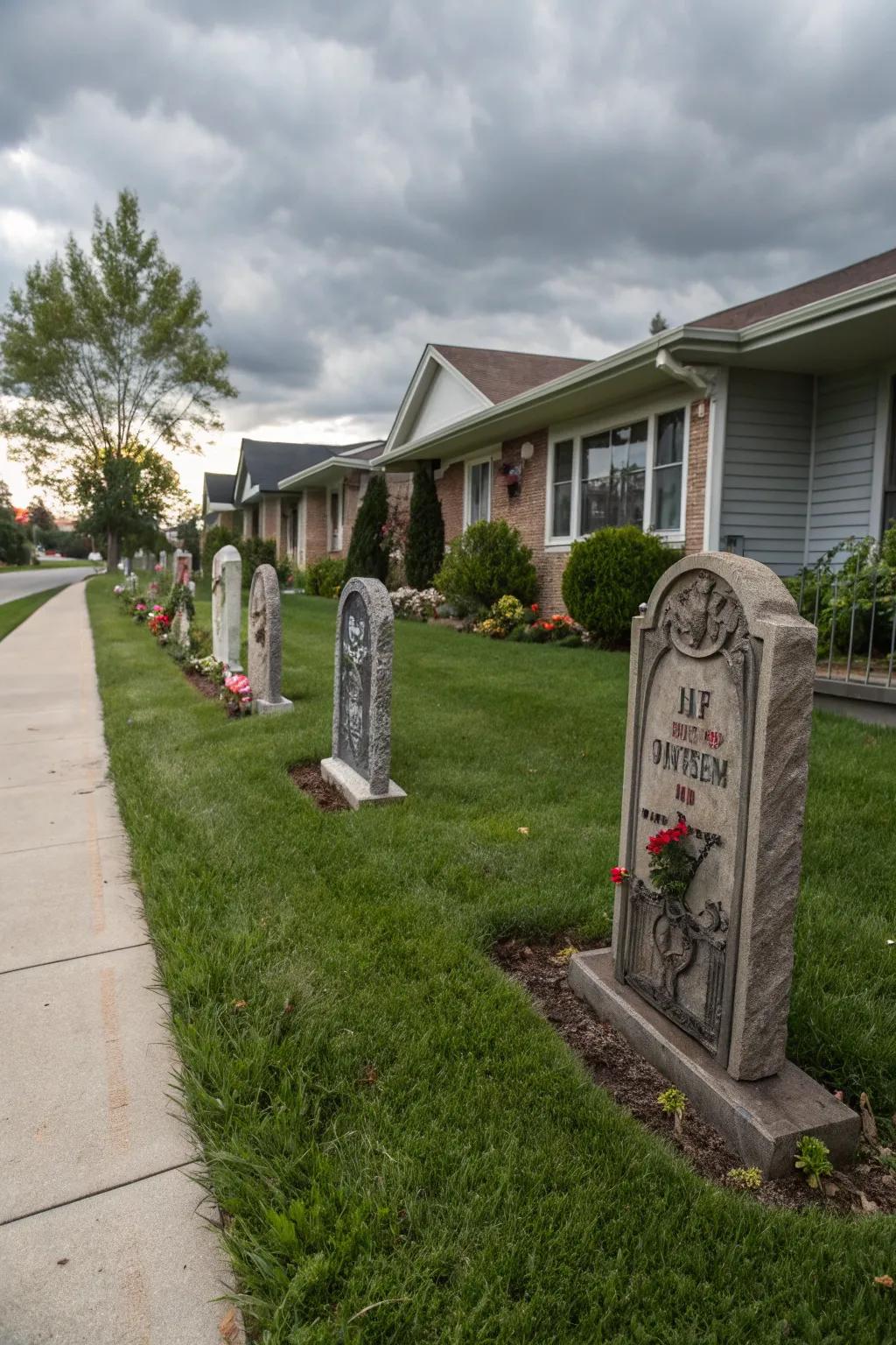 Tombstones transform your lawn into a spooky graveyard.