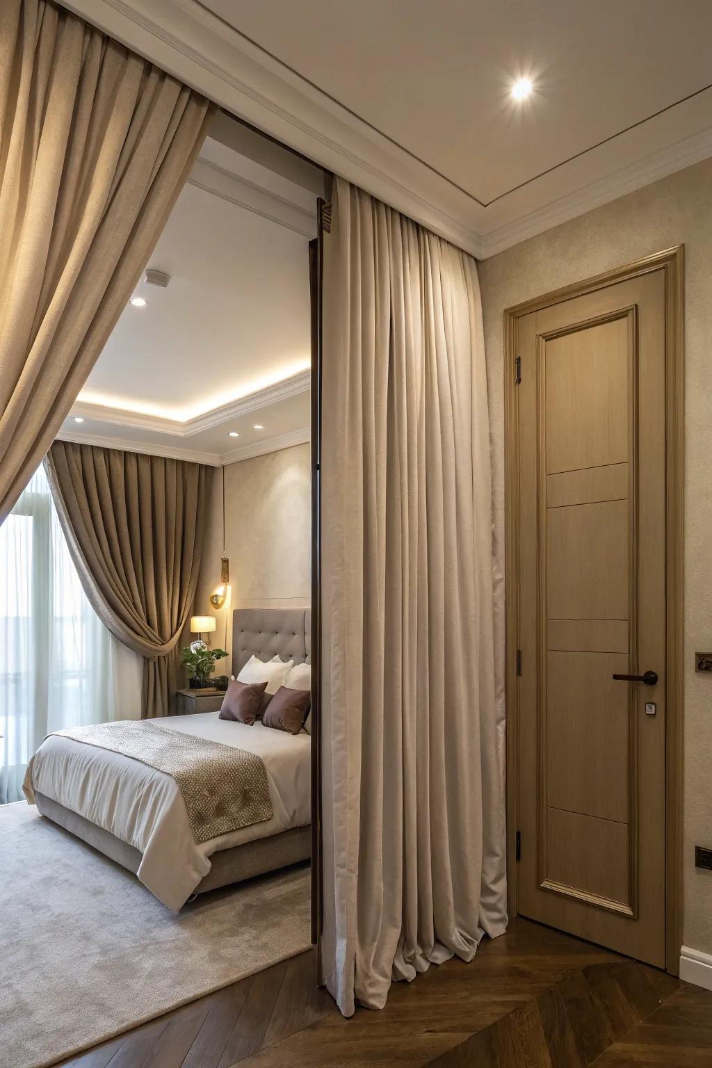 A bedroom with a secret entrance hidden by drapes.