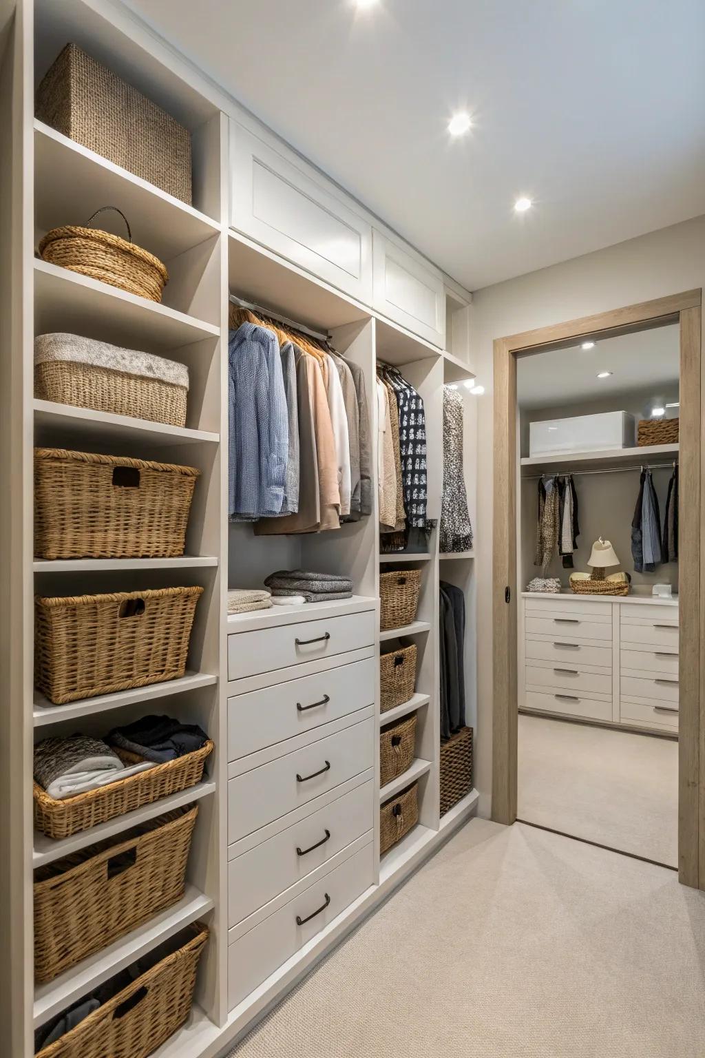 Streamline your wardrobe with hampers built right into the closet.