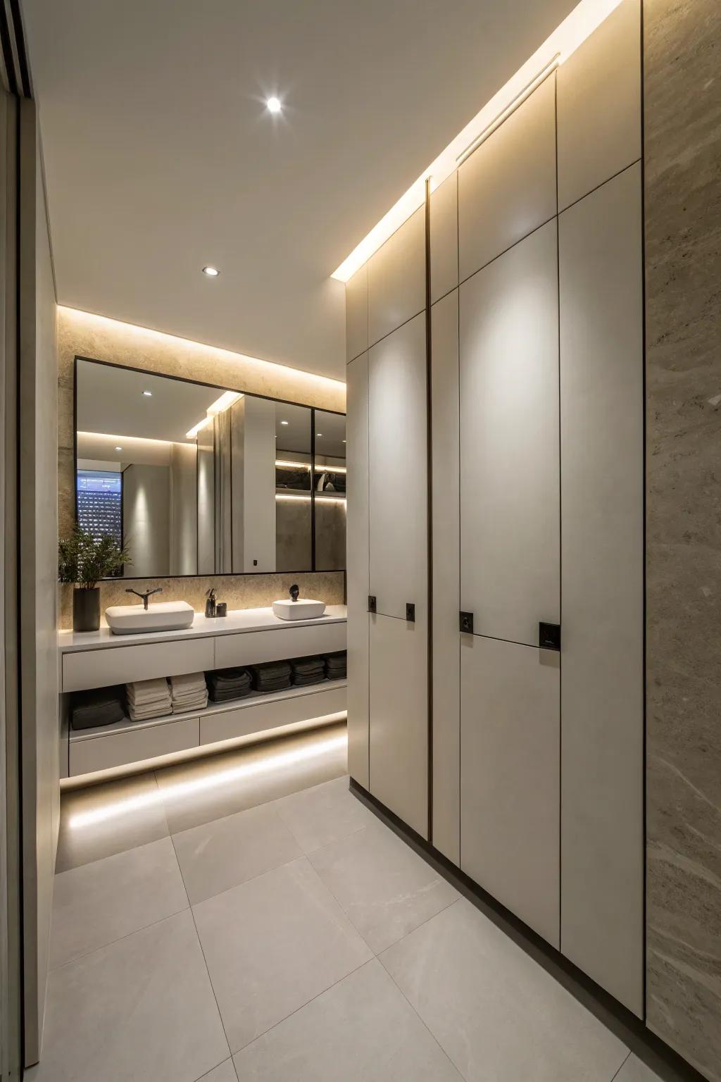 Architectural configurations within a restroom hiding storage solutions.