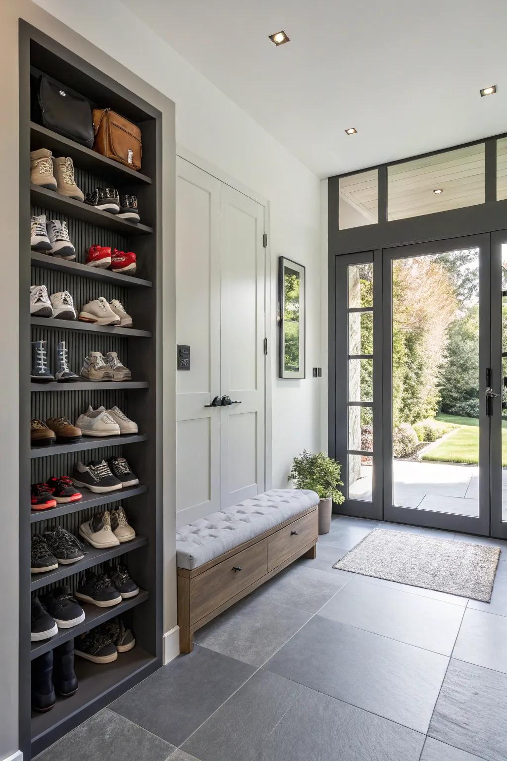 Magnetic shoe storage combines aesthetics with practicality.