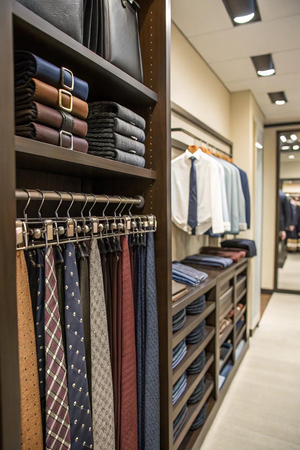 Keep ties and belts neatly arranged with dedicated racks.
