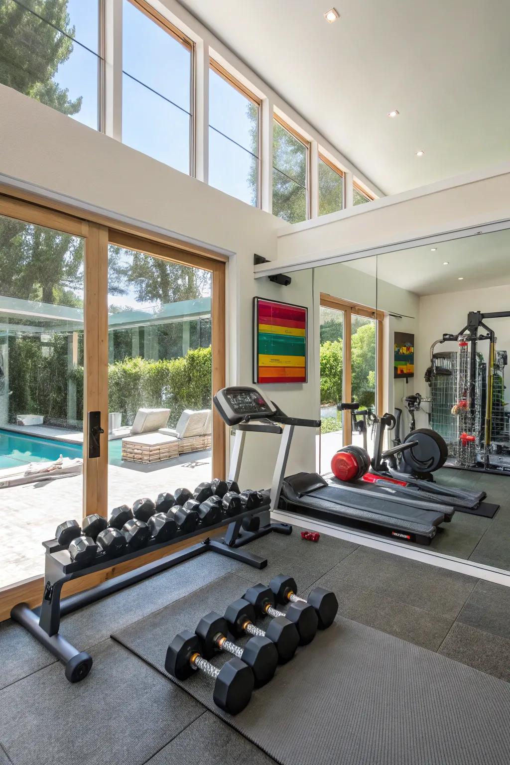 A home gym created to encourage daily workouts.