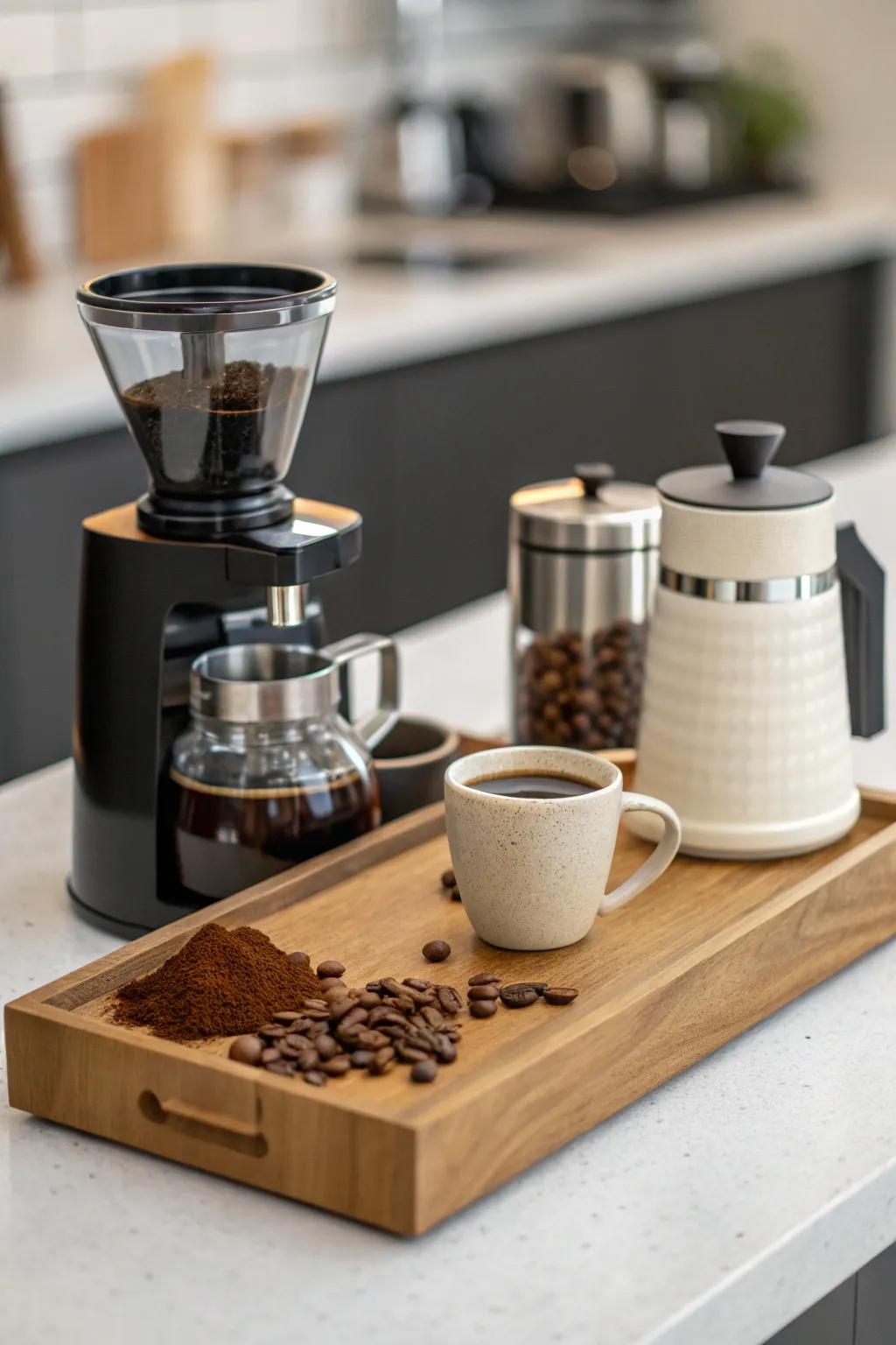 A minimalist coffee station affords a serene, dedicated space.