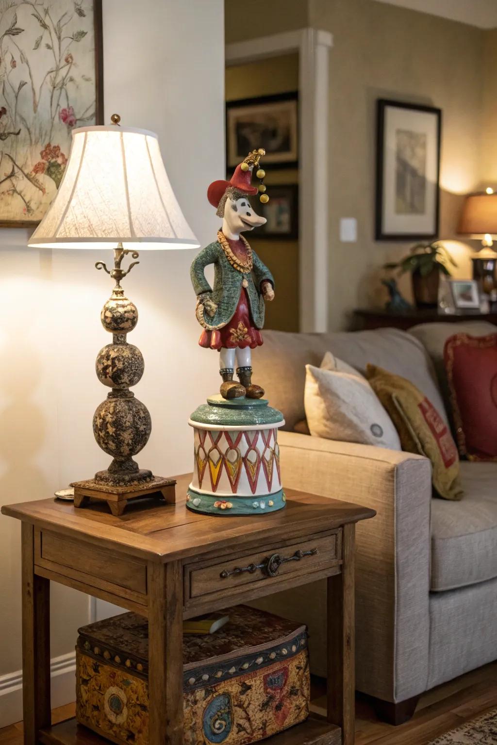 A whimsical sculpture that serves as a fun focal point in the living room.