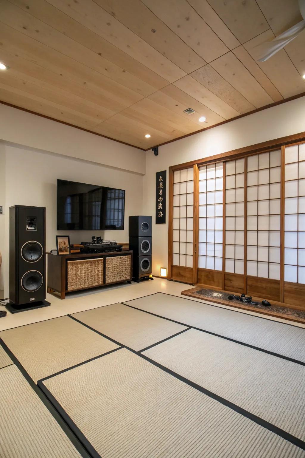 A sound system enhances the dojo atmosphere with music.